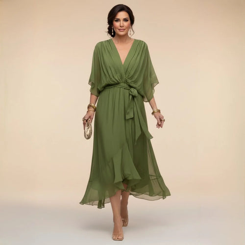 IsabelFlow™ | Vestido Midi Gasa con Lazo