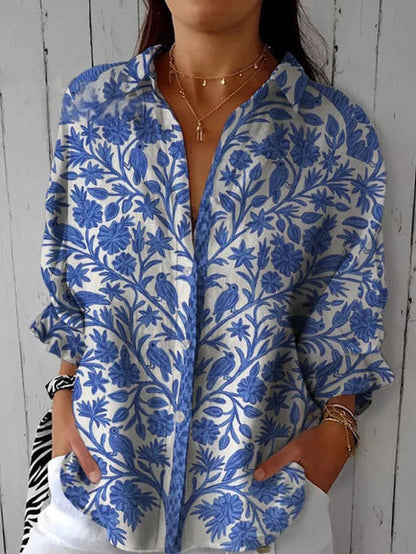 VeronaFlor™ | Camisa Botánica Azul con Pájaros