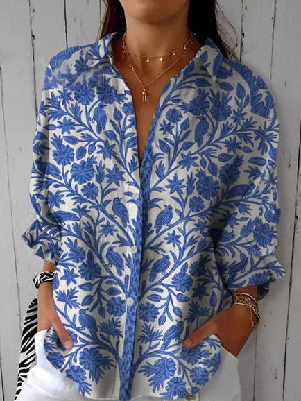 VeronaFlor™ | Camisa Botánica Azul con Pájaros