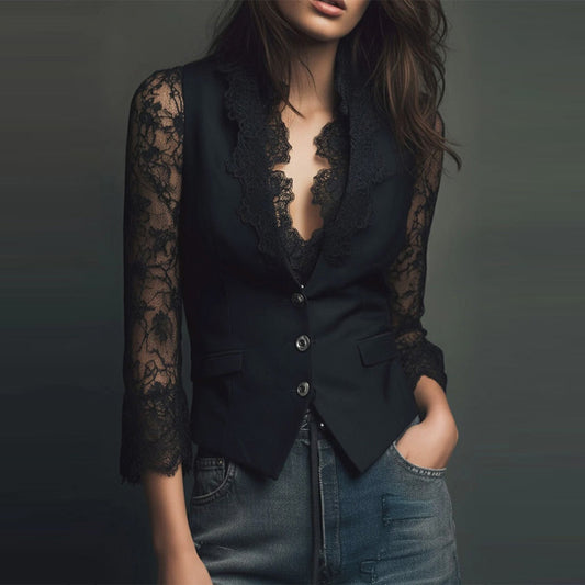 NataliaLace™ | Blazer Elegante con Mangas de Encaje