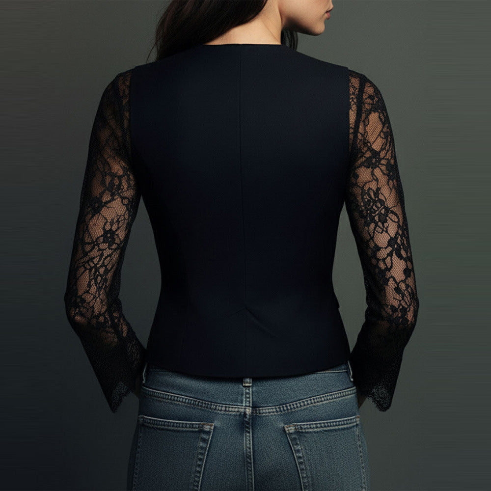 NataliaLace™ | Blazer Elegante con Mangas de Encaje