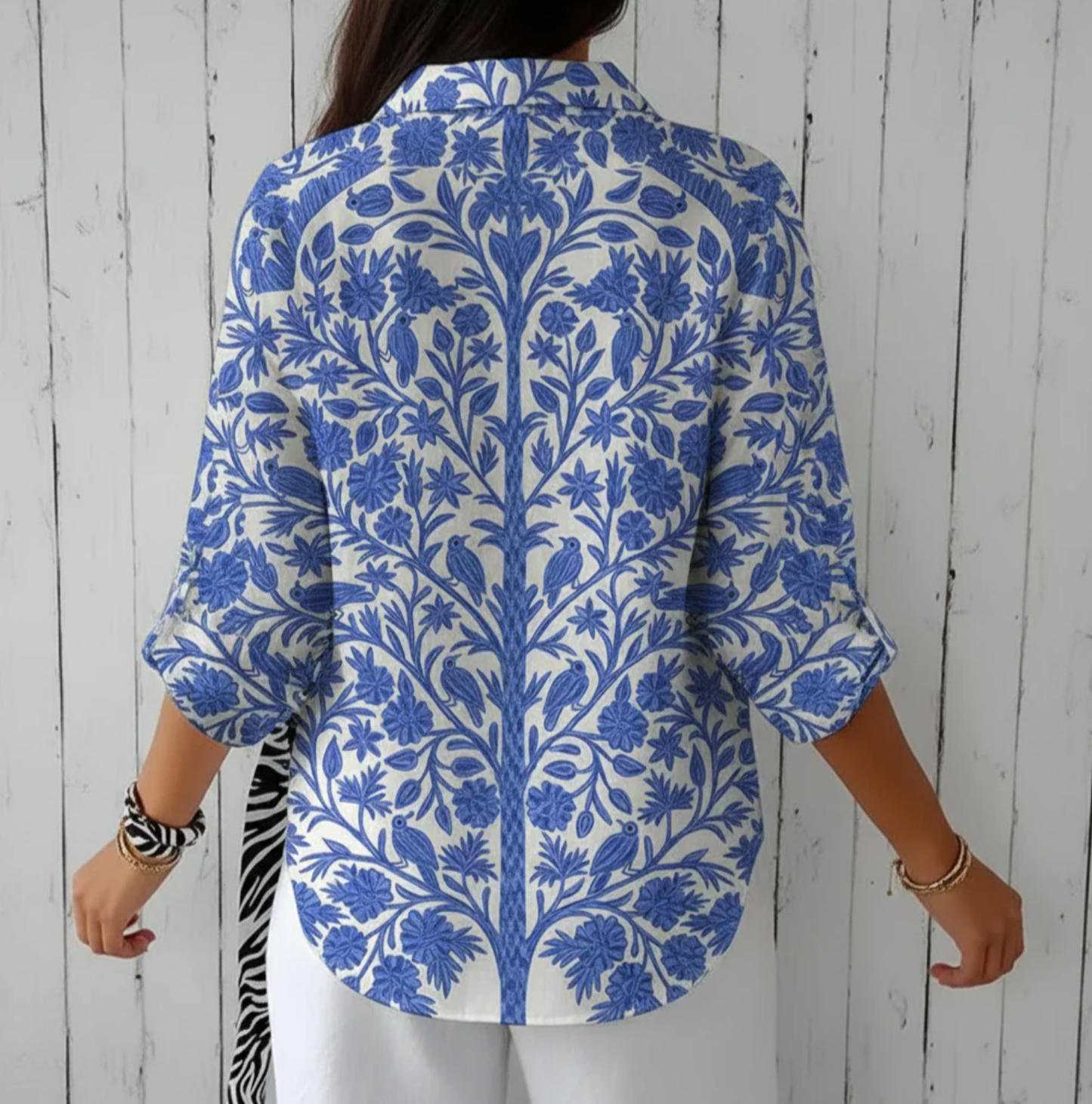 VeronaFlor™ | Camisa Botánica Azul con Pájaros