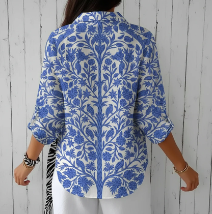 VeronaFlor™ | Camisa Botánica Azul con Pájaros