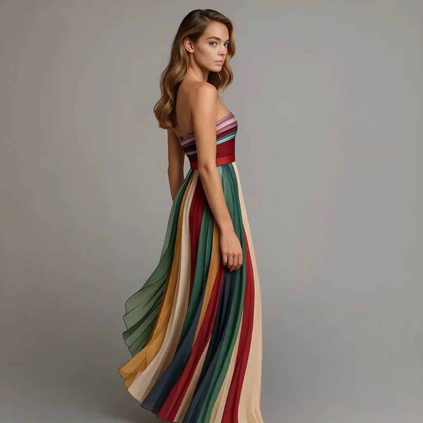 ArcoírisMaxi™ | Vestido Maxi Strapless Plisado Multicolor