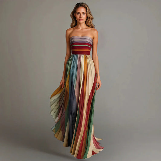 ArcoírisMaxi™ | Vestido Maxi Strapless Plisado Multicolor